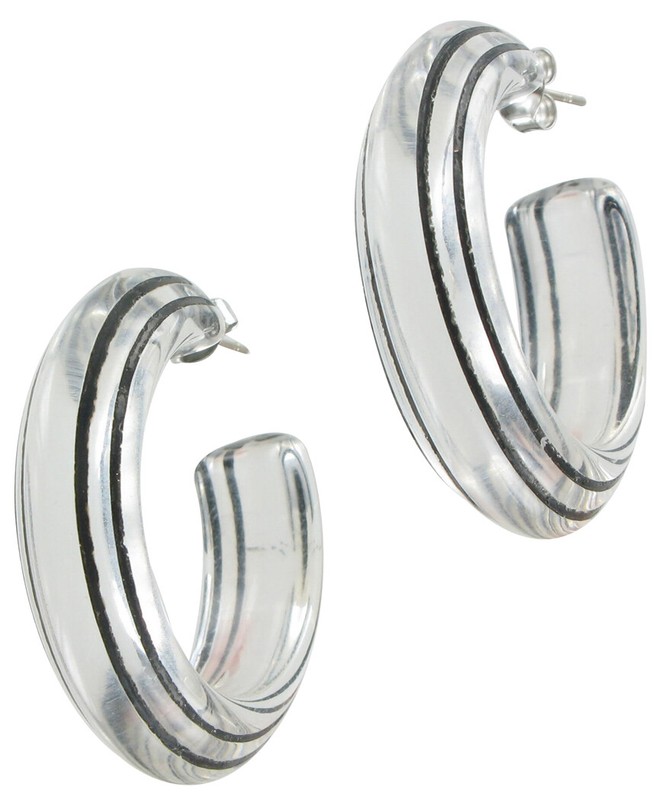 Clear Lucite Black Striped Large Round Hoop Earrings Pierced 1 1/2″ Vintage