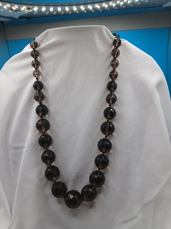 Beautiful Smoky Quartz Necklace 19″ Hand Knotted, Rhinestone Encrusted Barrel