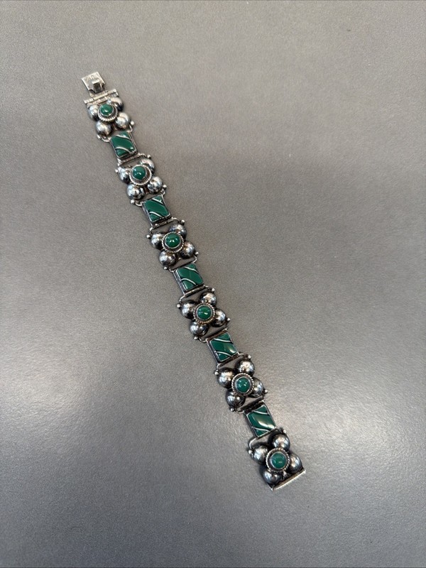 Vintage Mexican Sterling Silver 925 Chunky Link Bracelet Green Stones K92