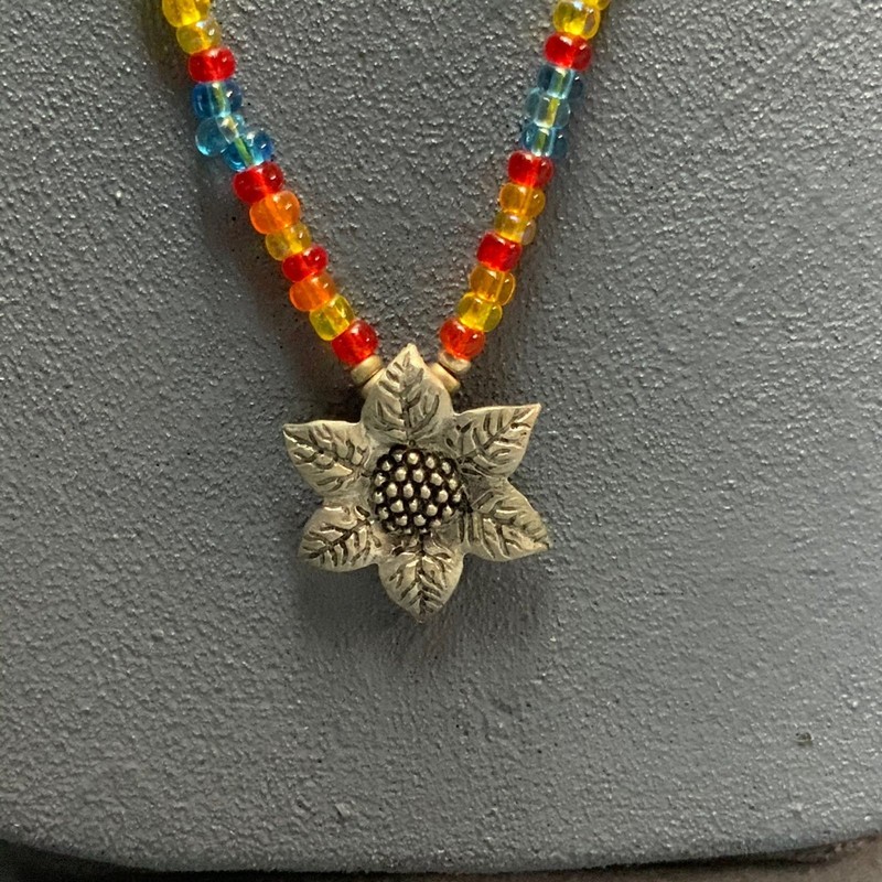 Sunflower Pendant Necklace 34 In Colorful Multicolor Seed Beads Silver Flower