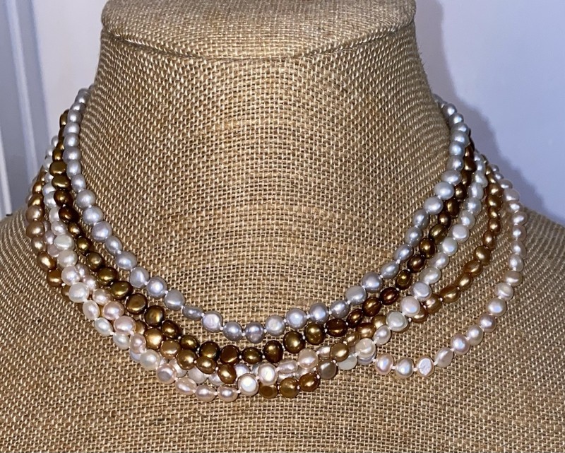 Signed, 92 MKD China, Sterling Clasp, 5 Strand Fresh Water Pearl Necklace