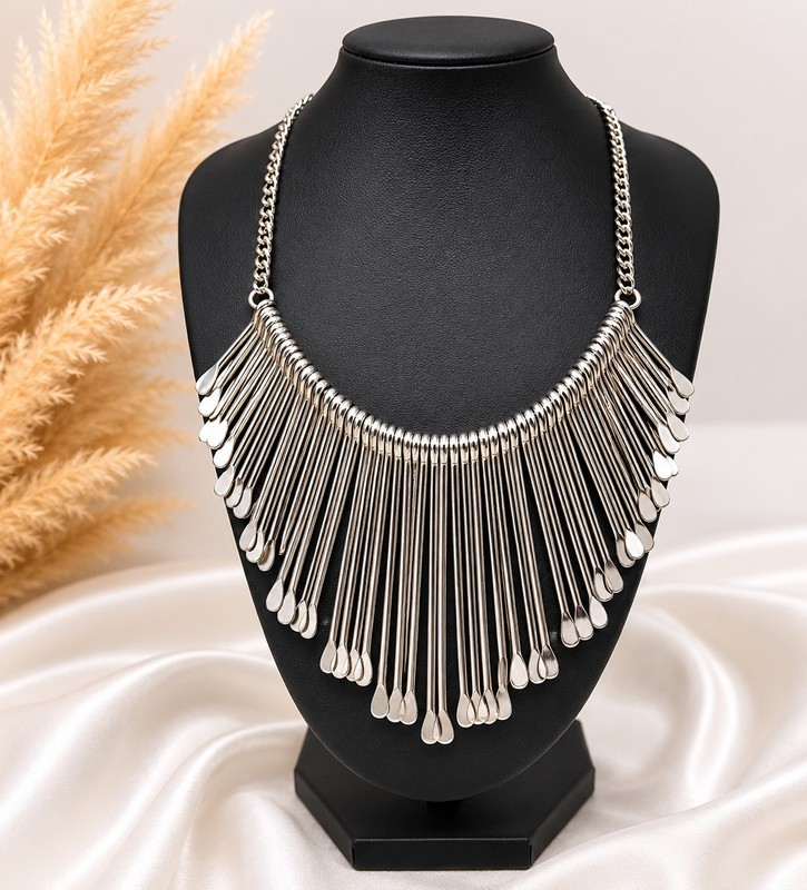 Brutalist Fringe Collar Necklace Silver Tone Runway Statement Bib Necklace