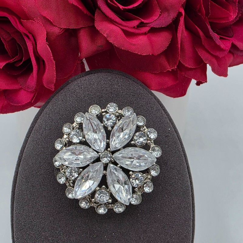 Rhinestone Flower Brooch Pin Silver Tone Marquis Crystals Round Leaf Design