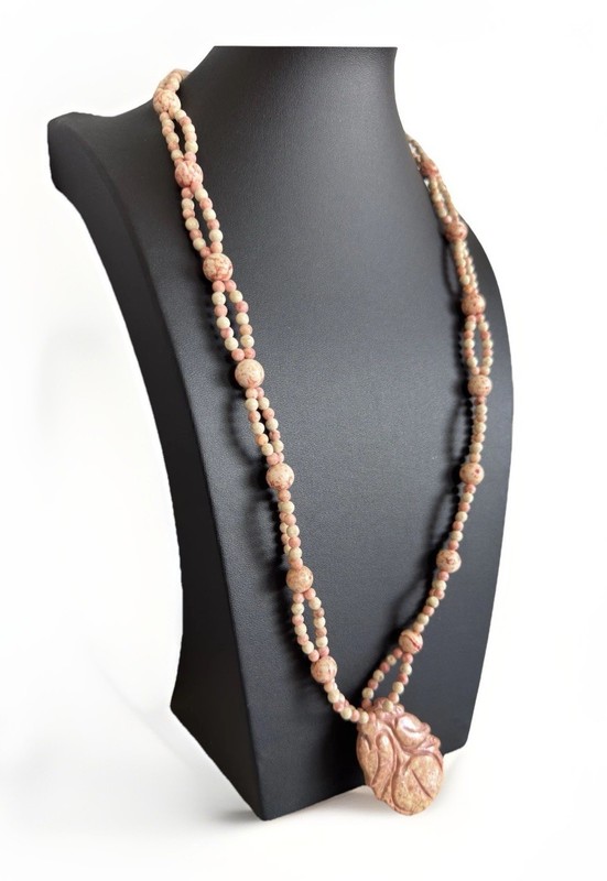 Vintage Jasper Carved Stone Figural Pendant & Continuous Bead Necklace 30" gallery