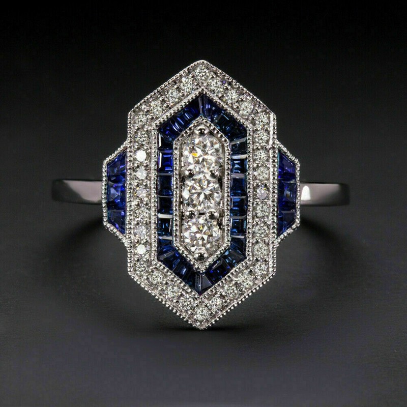 Art Deco Mid Century Milgrain Set Ring 925 Silver Round Cut CZ Antique Jewelry