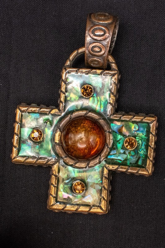 Vntg Brass Cross Pendant Abalone Shell Mosaic Faux Amber Cabochon Boho Pendant