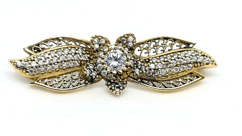 Vintage Silver Brooch Plated With Gold Water Set With Zrconia Stones #982#