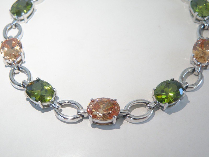 Vintage Sterling Silver 925 Gemstone Tennis Station Link Bracelet 7.5" gallery