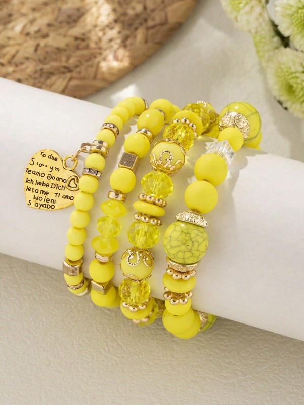 Yellow 4-Piece Bohemian Style Beaded Bracelet Set One Size