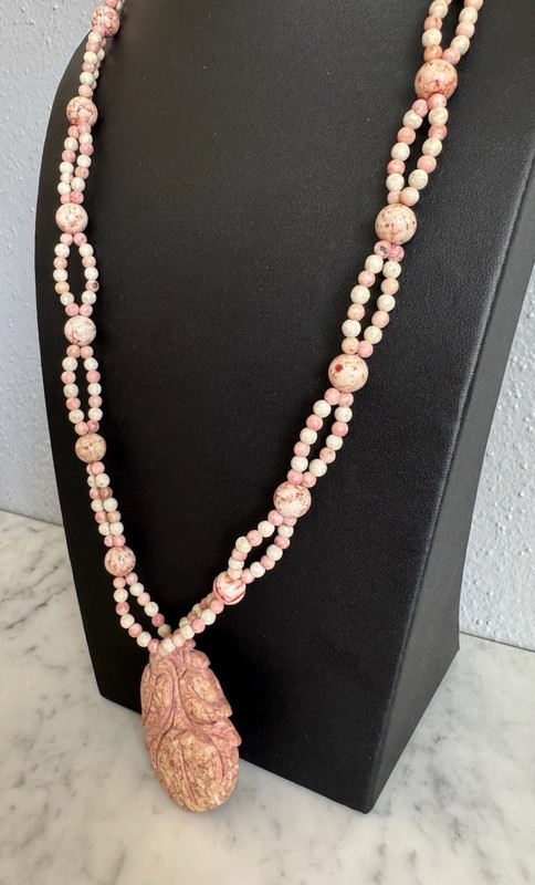 Vintage Jasper Carved Stone Figural Pendant & Continuous Bead Necklace 30" gallery