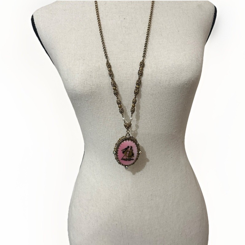 VTG Antique West Germany Couple Painted Bright Pink 32in Necklace Signed Read gallery