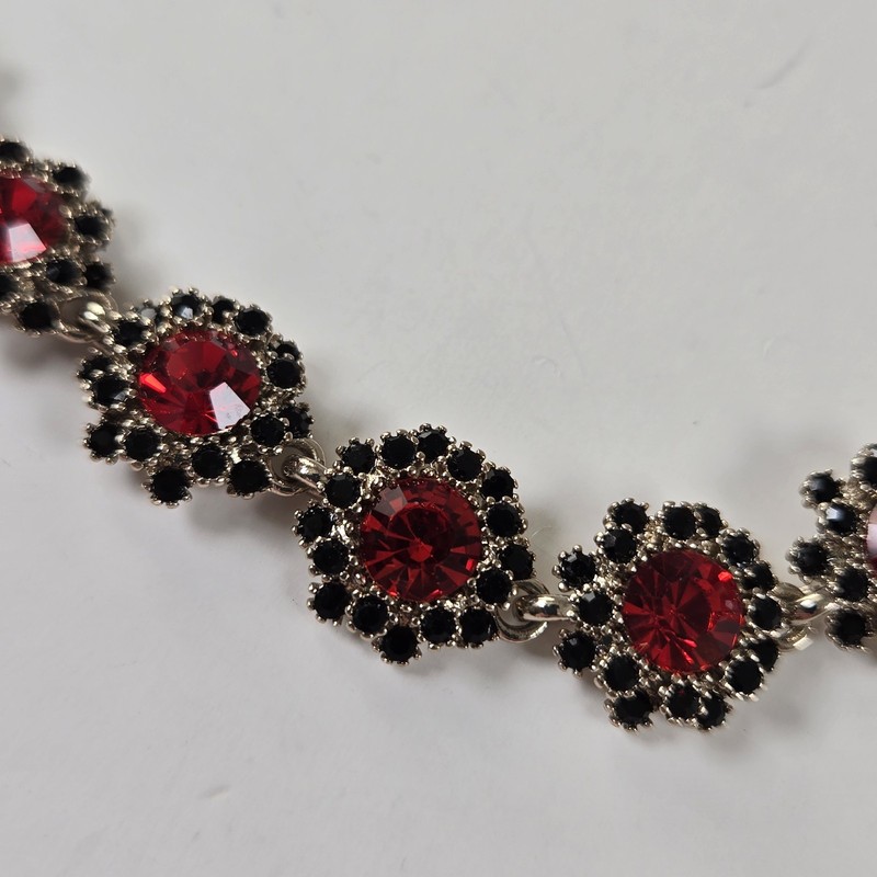 Simulated Red Statement Choker, Rhinestone Silver Tone Necklace gallery