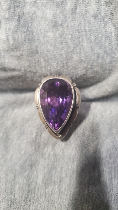 Vintage sterling silver Cocktail Ring with Large Amethyst pear cut stone.