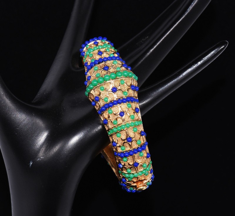 Sublime BOUCHER Navy BLUE and Forest GREEN Beaded GOLDTONE BANGLE Bracelet gallery