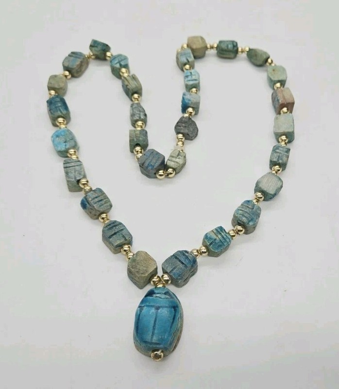 Carved Scarab Beetle Blue Porcelain Style Beads Beaded Vintage Egyptian Revival