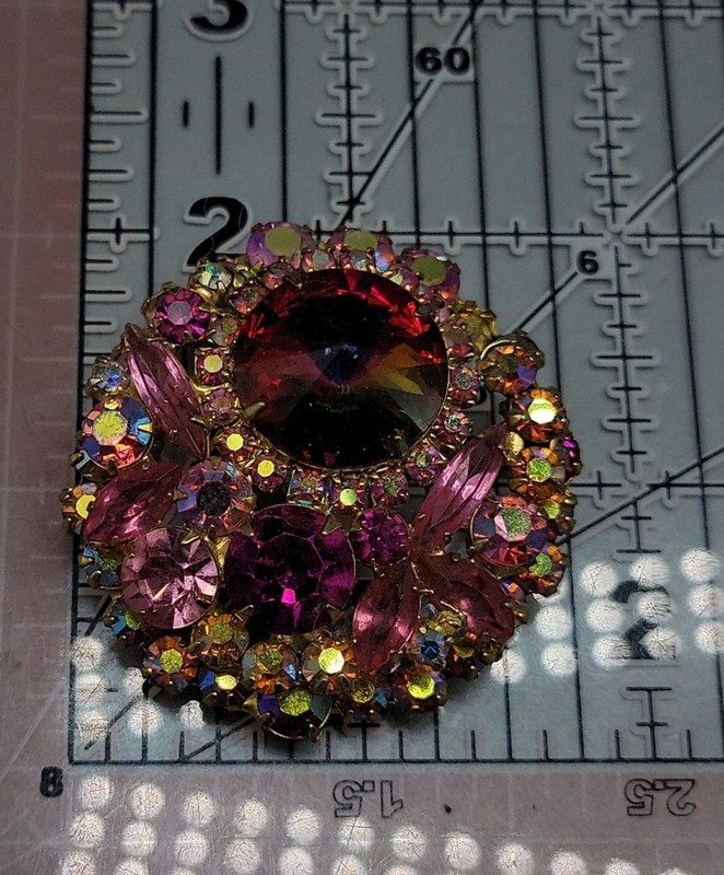 Juliana D&E Vintage Watermelon Rivoli Brooch Layered Pink Fuchsia AB Rhinestones gallery