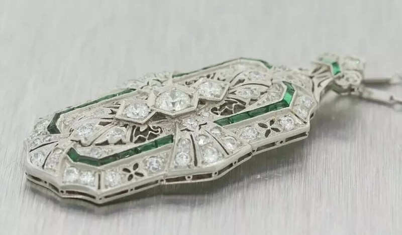 935 Argentium SIL Vintage Art Deco Style Lab Created Diamond & Emerald Wedding gallery