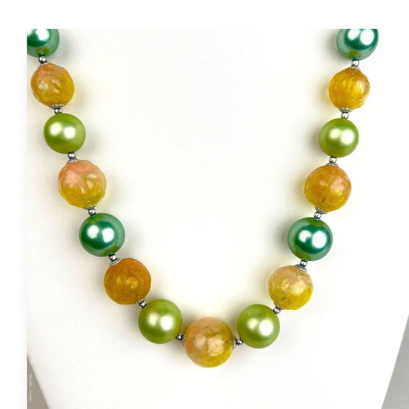 Necklace Plastic Round Beads Colorful Green Yellow Clear Dimpled Continuous Vtg