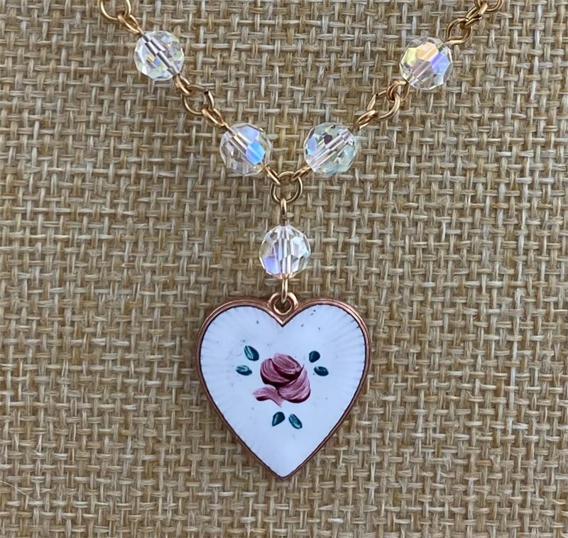 Pididdly Links Enamel Rose Heart Pendant Crystal Bead Chain Necklace 16" Long gallery