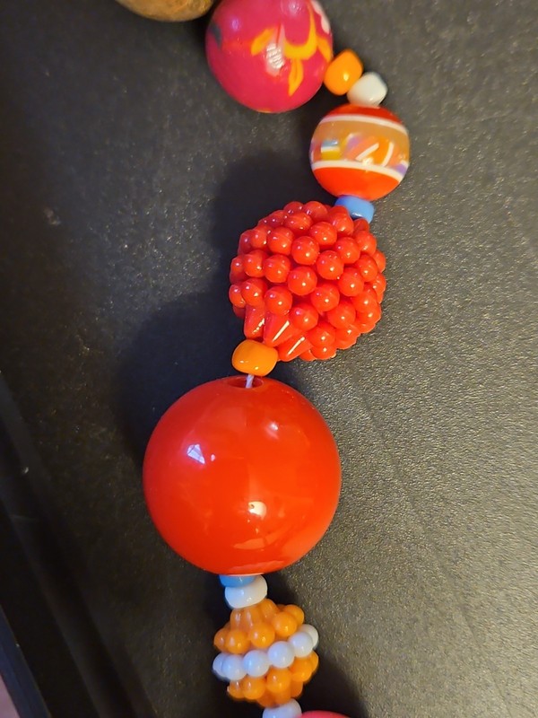 Vintage 1960s Yellow Red Green Pink Knitted Spiked Wood Lucite Bead Necklace F5 gallery