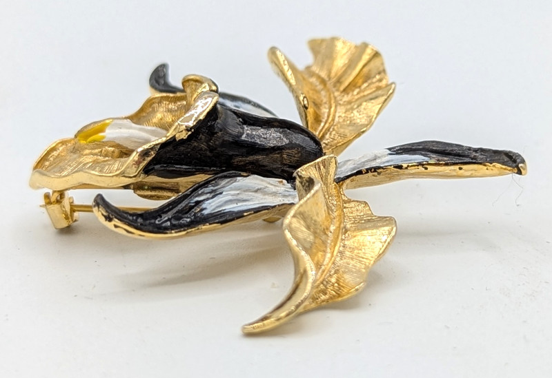 Vintage Gerrys Orchid Flower Brooch Floral Enamel Pin Black White Gold Tone gallery