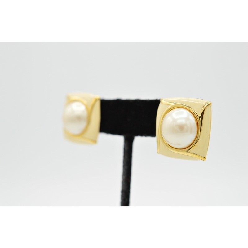 Vintage Pierced Earrings Faux Pearl Cream Off White Gold Enamel NOS 1980s 9L gallery