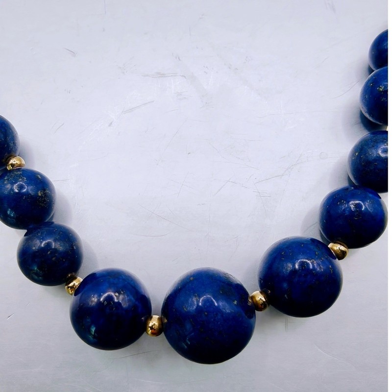 Vintage Graduated Lapis Lazuli Bead Necklace 14k Spacers Filigree Clasp 19in gallery