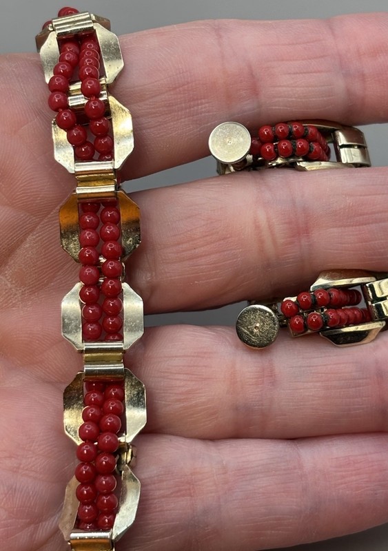 Vintage Bracelet Earrings Set Red Beads Gold Tone Metal Clear Rhinestones gallery
