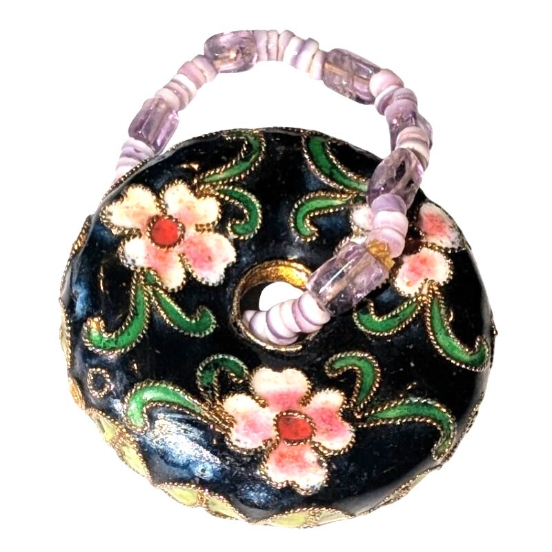 VTG Cloisonne Floral Round Donut Shaped Pendant Black Pink Green Beaded Bale gallery