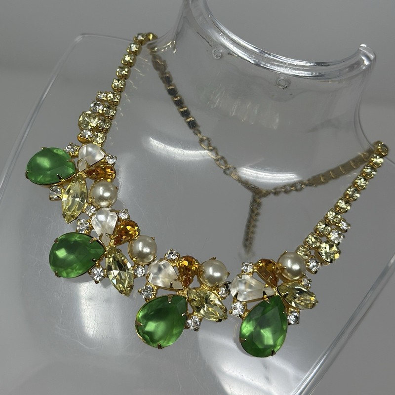 Vintage Czech Crystal Collar Necklace Green Yellow Imitation Pearl Statement 17” gallery