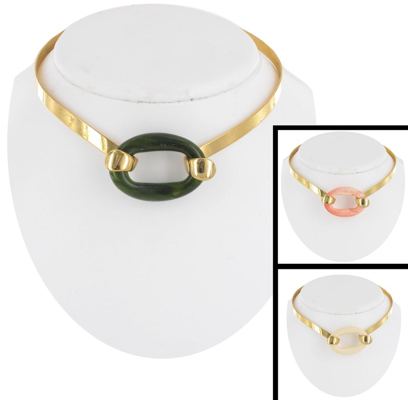 Interchangeable Faux Jade Coral Gold Tone Choker Necklace Vintage 14″