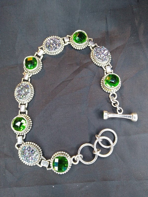 Vintage Sterling Silver 925 Emerald Crystal Druzy Quartz Bracelet 7” – 8” (L152)