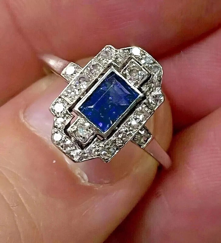Antique 2Ct Blue and White Stones Art Deco Engagement Ring in Sterling Silver gallery