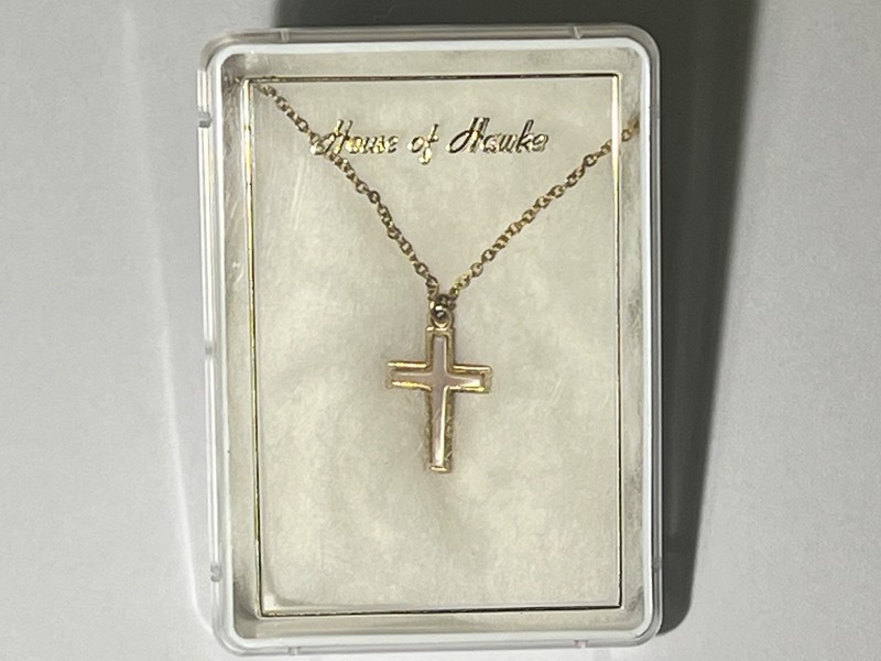 Vintage 1950s House of Hawke 9ct Gold Mother of Pearl Cross Necklace OriginalBox