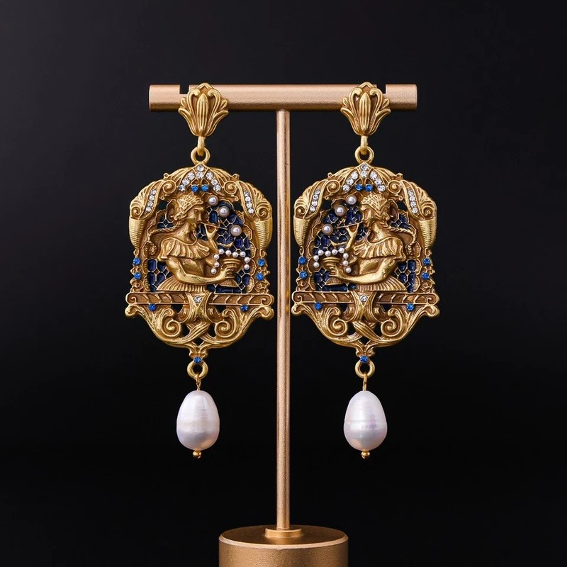 Vintage French Oil Painting Pearl Enamel Pendant Earrings, Royal Golden