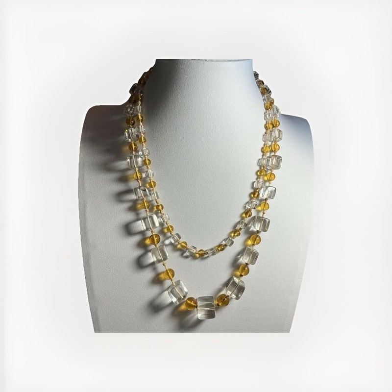 Vintage Czech Glass Necklace Yellow Graduated Cube & Clear Round Bead 36” gallery