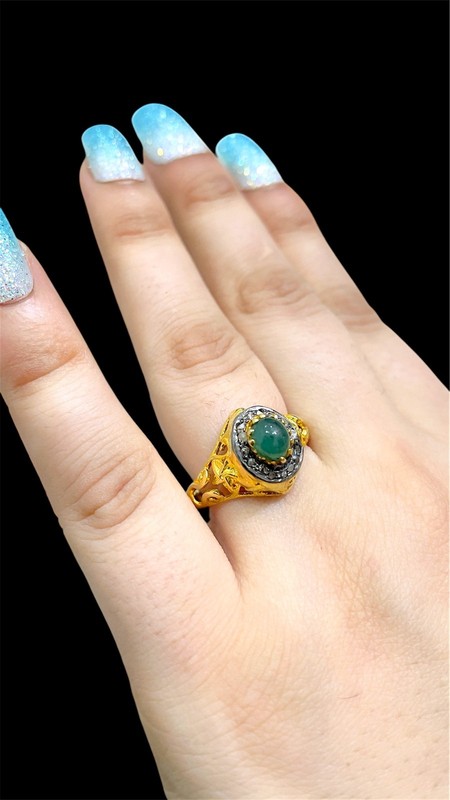 Natural Emerald & Diamond Ring, 14k Gold Plated Victorian Jewelry Gift For Her gallery
