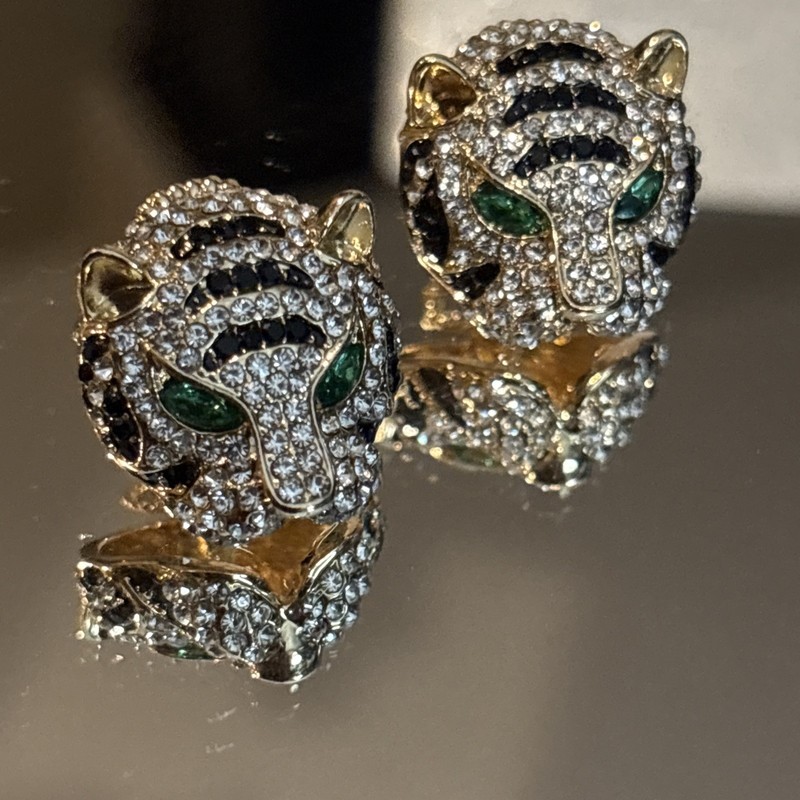 Gold Tone Tiger’s Head Earrings Black & White Rhinestone Green Eyes gallery