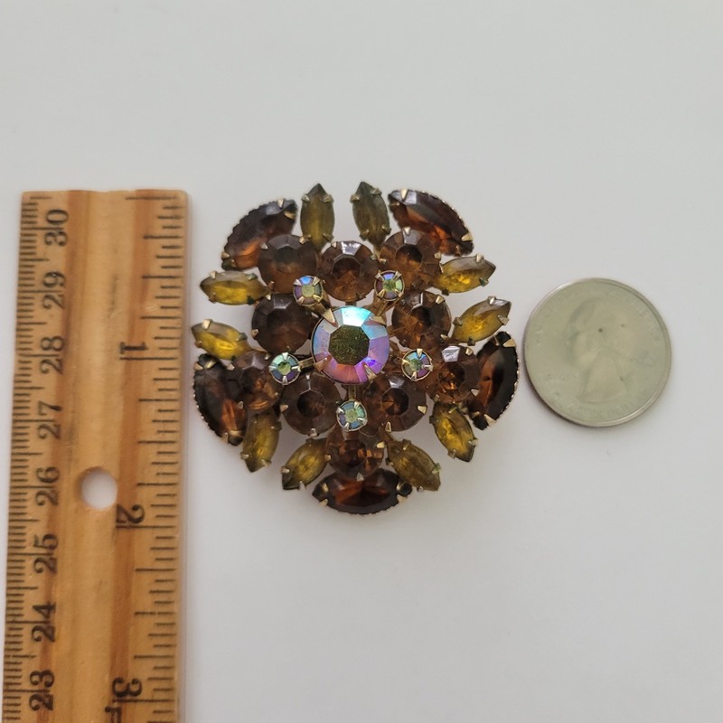 Vintage Gold Tone Amber AB Marquis and Round Clear Rhinestone Brooch Pin gallery