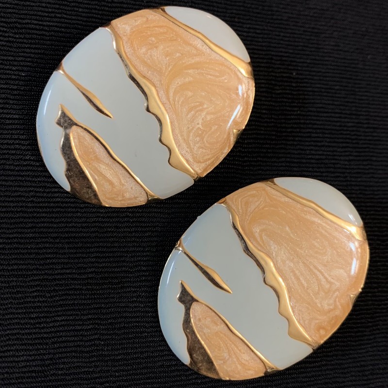 Vtg Guilloche Glass Enamel Light Blue Peach Post Earrings 1 5/8” Big Statement