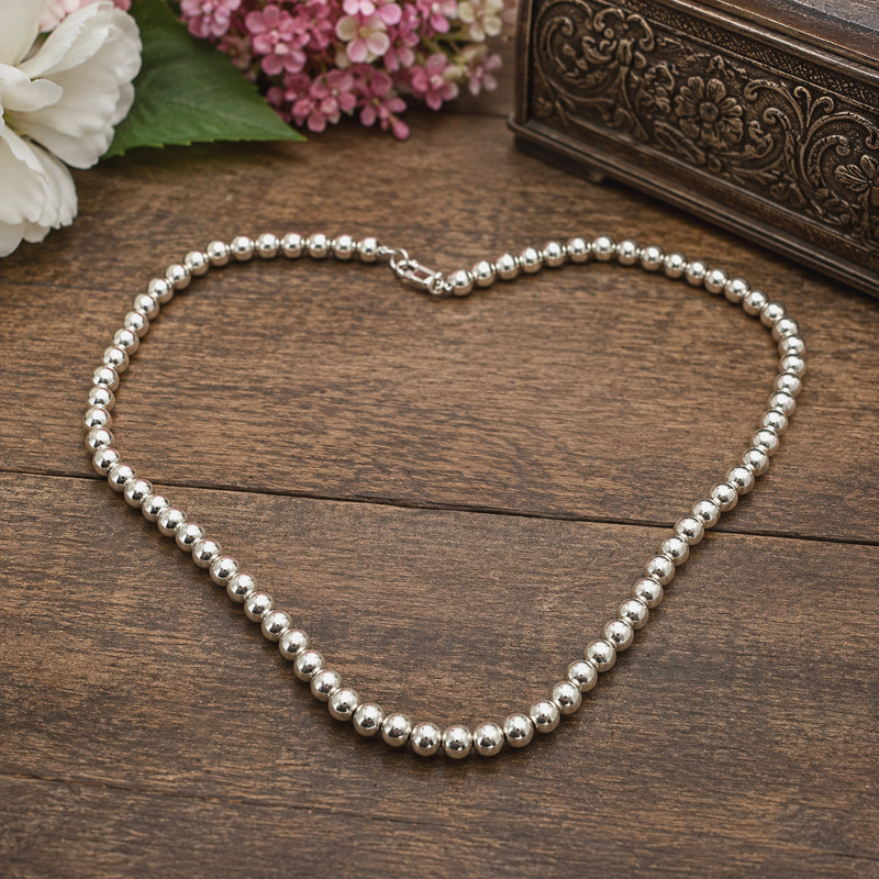 Vintage Sterling Silver Ball Bead Necklace 18 In 6mm Beaded Strand Classic