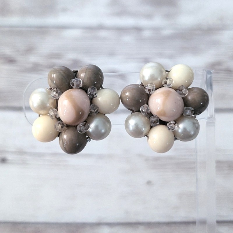 Vintage Clip On Earrings Cluster Pink/Cream/Brown Tones