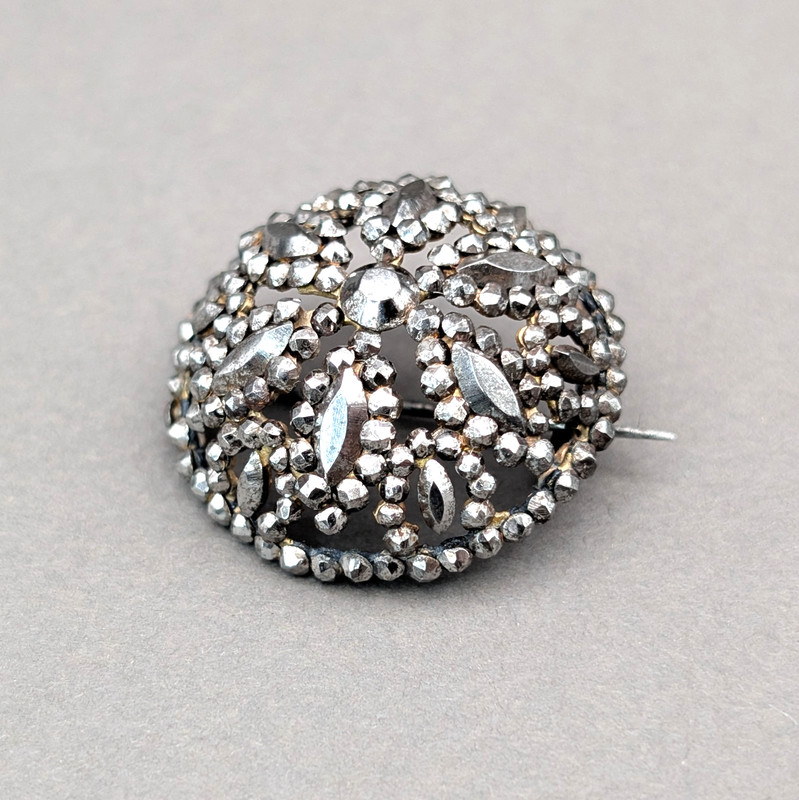 Antique Victorian Cut Steel Brooch 19th Century Pin Riveted Faceted Domed Round