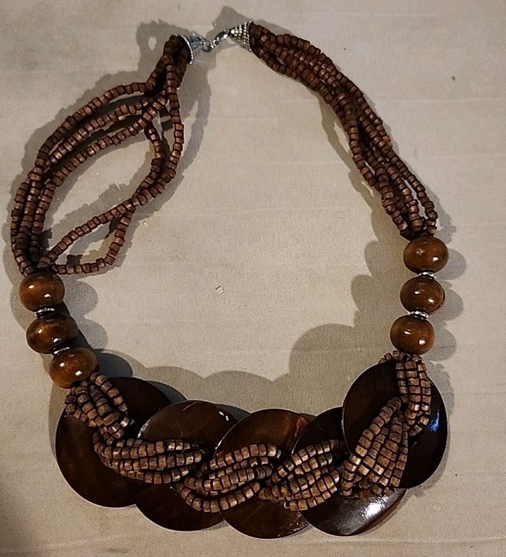 Vtg Wooden Bead, 5 Strand Necklace, 23 In. Brown