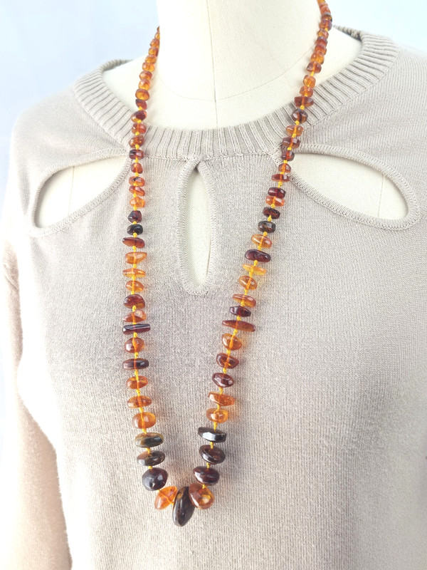 Victorian Natual Baltic Honey Amber Nugget Hand Knotted Graduated Beads Necklace gallery
