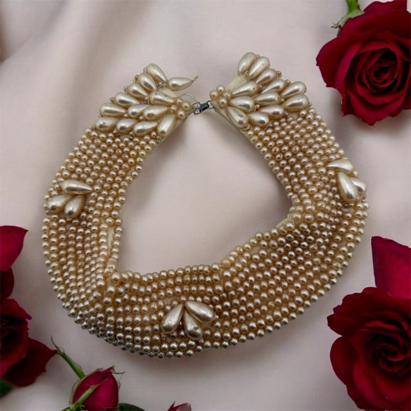 Vintage Mid Century Faux Pearl Beaded Collar Choker Necklace 14” Cream Japan