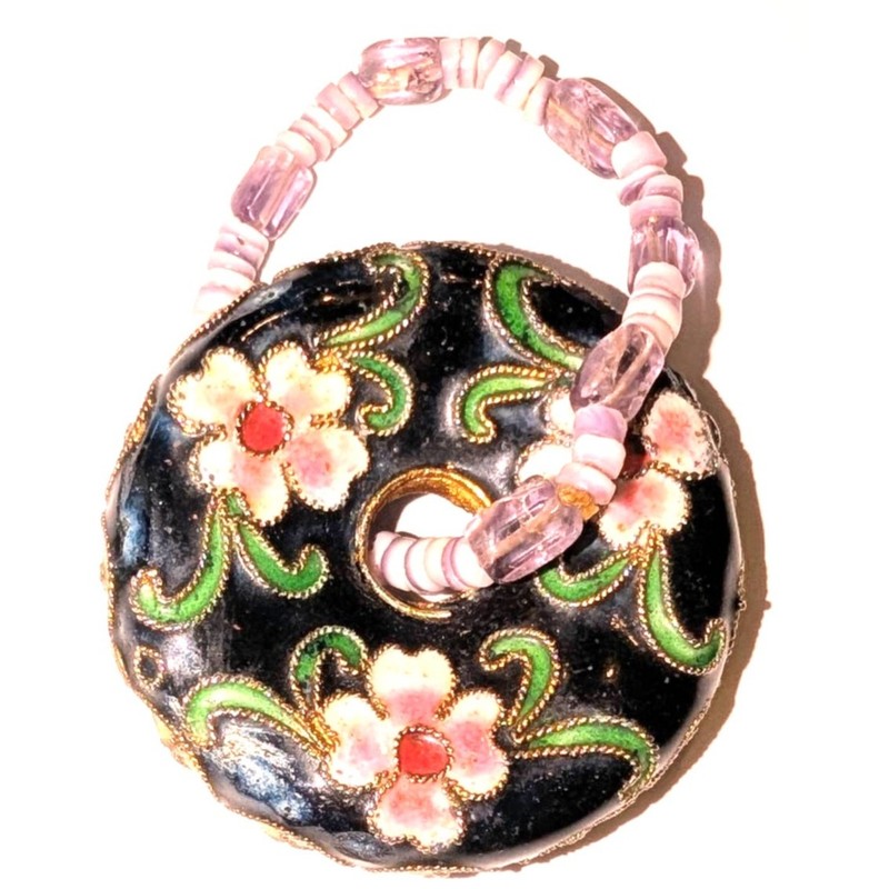 VTG Cloisonne Floral Round Donut Shaped Pendant Black Pink Green Beaded Bale