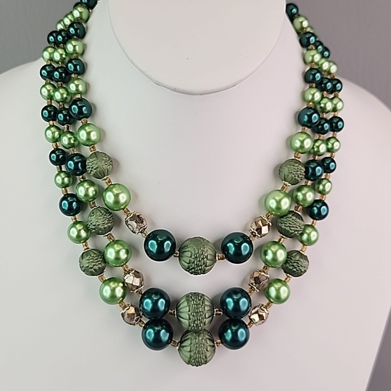 Vintage Beaded Necklace Green Triple Layered Acrylic Japan Choker 16" gallery
