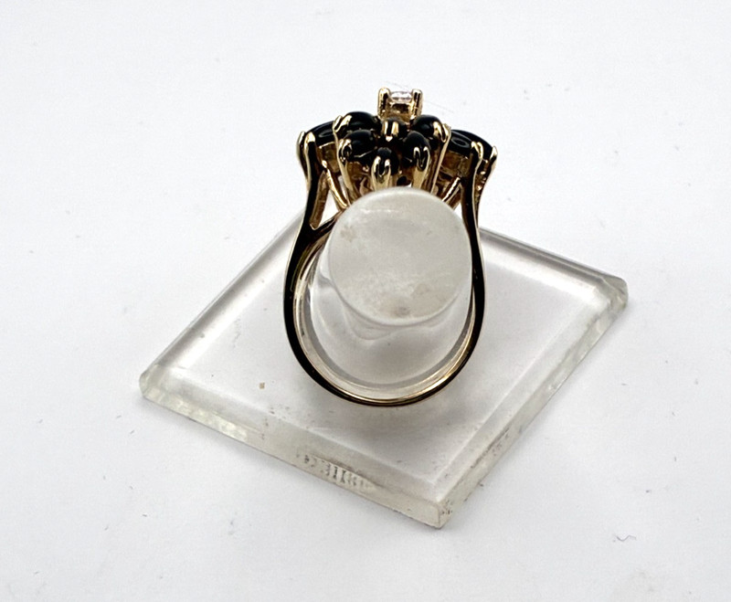 Vintage ONYX & CZ Sterling Vermeil Ring-Sz 8-925+Hallmarks-Marquis Cabochons gallery