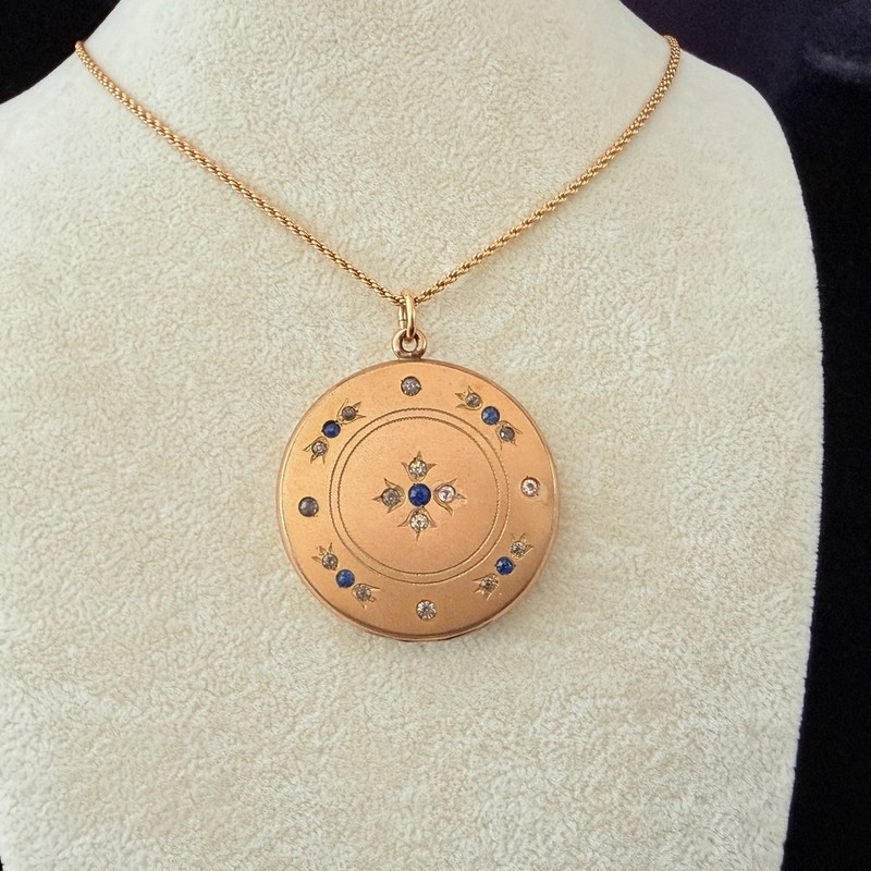 VICTORIAN W&H WIGHTMAN & HOUGH BLUE PASTE STONES GF STARBURST NECKLACE-21″